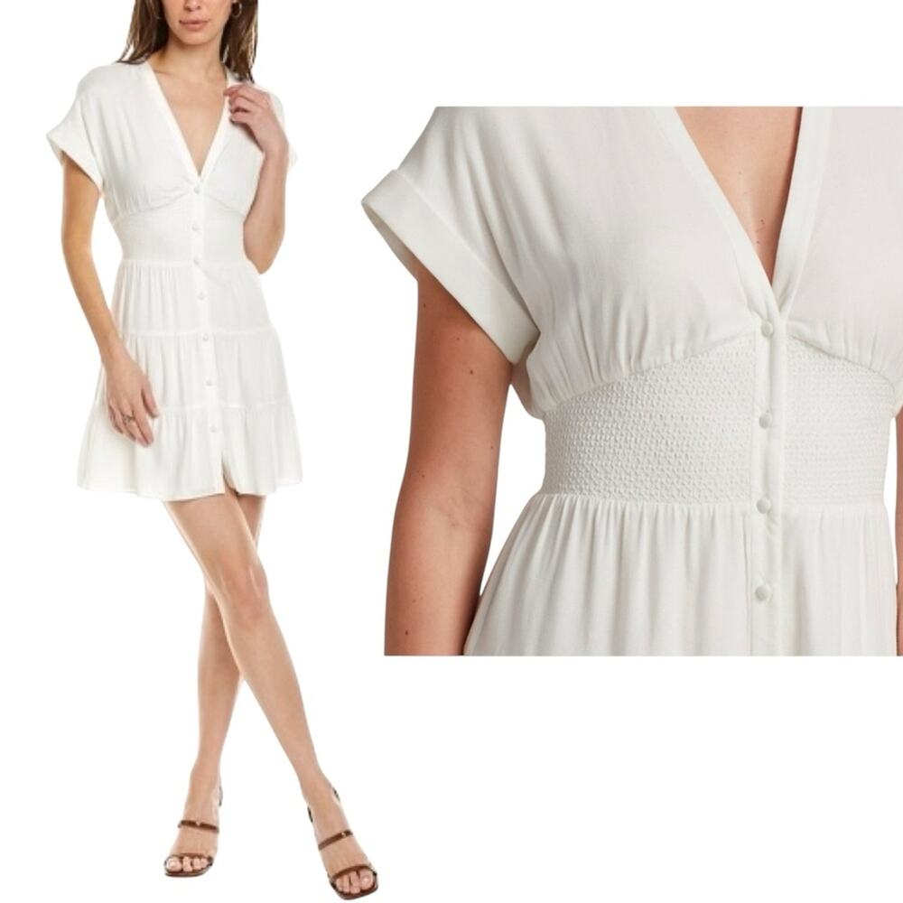 Alice + Olivia Keela White Dress Mini Fit Flare V-Neck Smocked Button Up Size 6